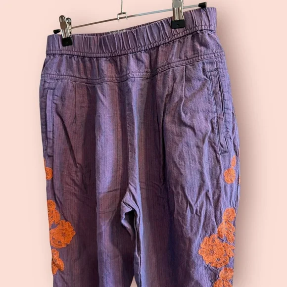 Anthropologie Purple Cropped Embroidered Linen Pants - Picture 6 of 10